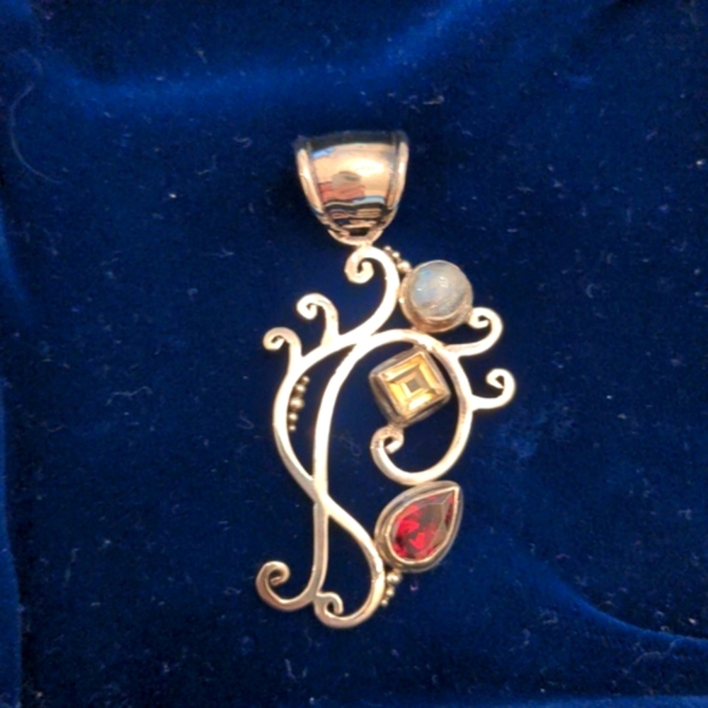 New Multi gemstone Sterling Silver pendant Garnet citrine, moonstone, 2"+, Box